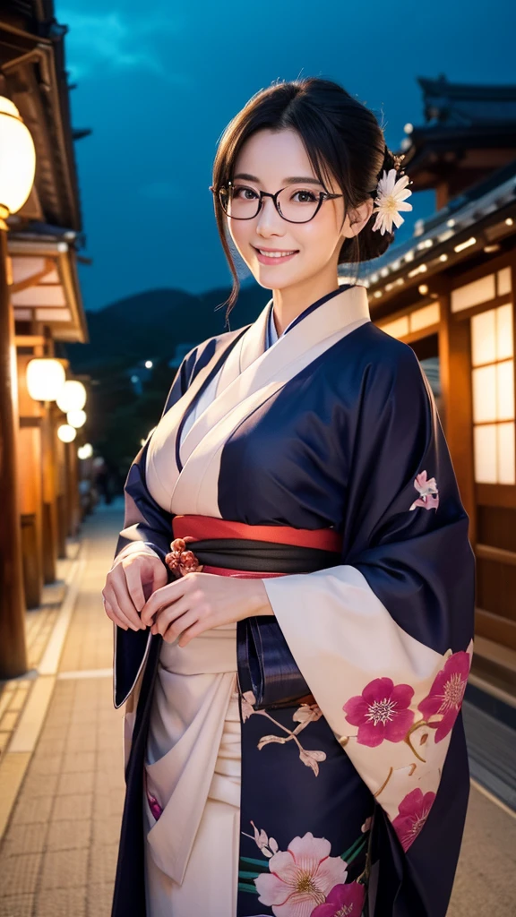 (Super beautiful woman in kimono)、((highest quality、8K masterpiece:1.3))、sharp focus:1.2、(super beautiful face:1.0)、(shiny skin:1.0)、realistic pictures、black hair、video lighting、High resolution eyes and face、video lighting、japanese actress、from the front、big breasts、with a happy smile、Slender abs beauty、whole body、wearing a kimono、in Kyoto、(((luxury obi)))、In Kyoto at night、wearing glasses with no edge、with a fan、Fireworks Display