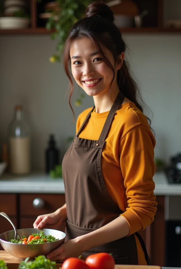 a woman is cooking、(kitchin_apron:1.Wear 3)、Good Hand、4K、hight resolution、​masterpiece、top-quality、cape:1.3、((Hasselblad photo))、Fine skin、sharp focus、(lighting like a movie)、Soft lighting、dynamic ungle、[:(Detailed face:1.2):0.2]、Medium chest、sweats streamed skin:1.2、(((In the kitchen))) A smile　Viewer's Perspective　Colossal tits　Beautiful body　Her hair is neatly tied