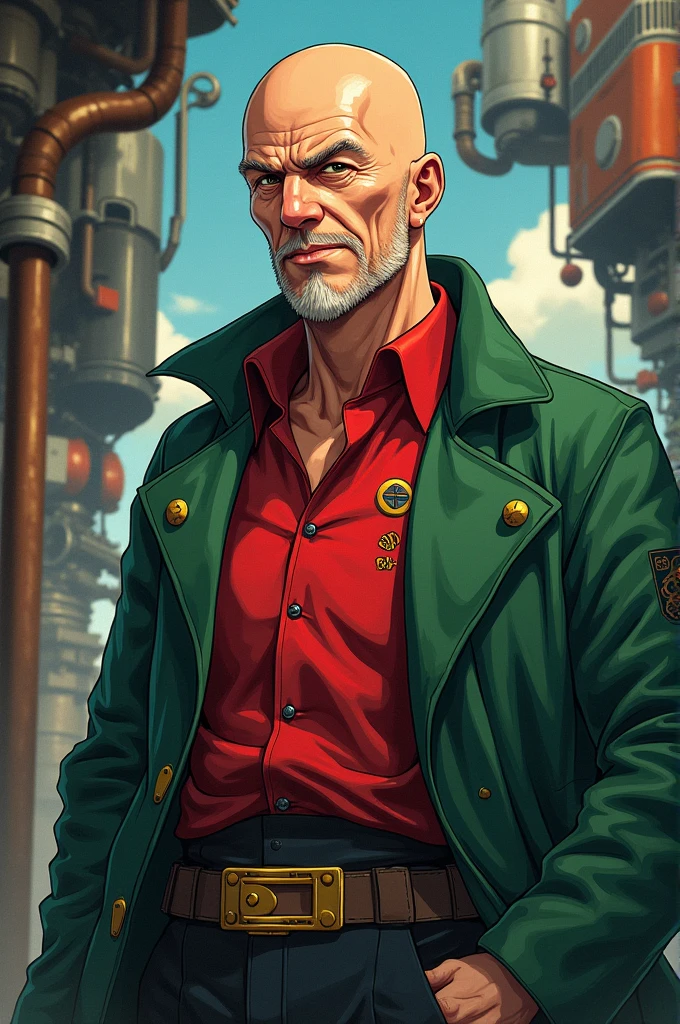 Um homem de meia idade, Cao Cao, stark, baldie, red shirt, green coat. Steampunk anime style name