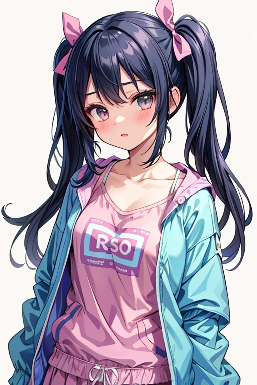 colored inner hair, twintails, ribbon, anime, UHD, (textured skin), best quality, ((super detail), High school girl, casual clothes, ((Windbreaker)), collarbone showing, crew neck