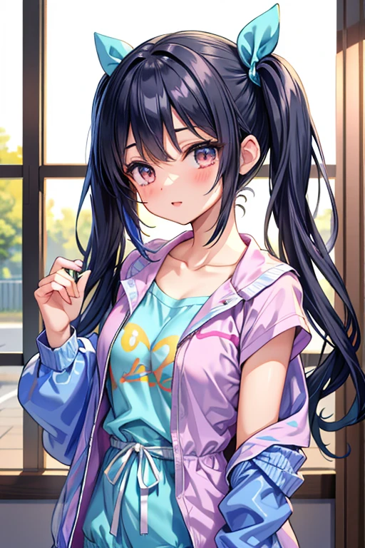 colored inner hair, twintails, ribbon, anime, UHD, (textured skin), best quality, ((super detail), High school girl, casual clothes, ((Windbreaker)), collarbone showing, crew neck