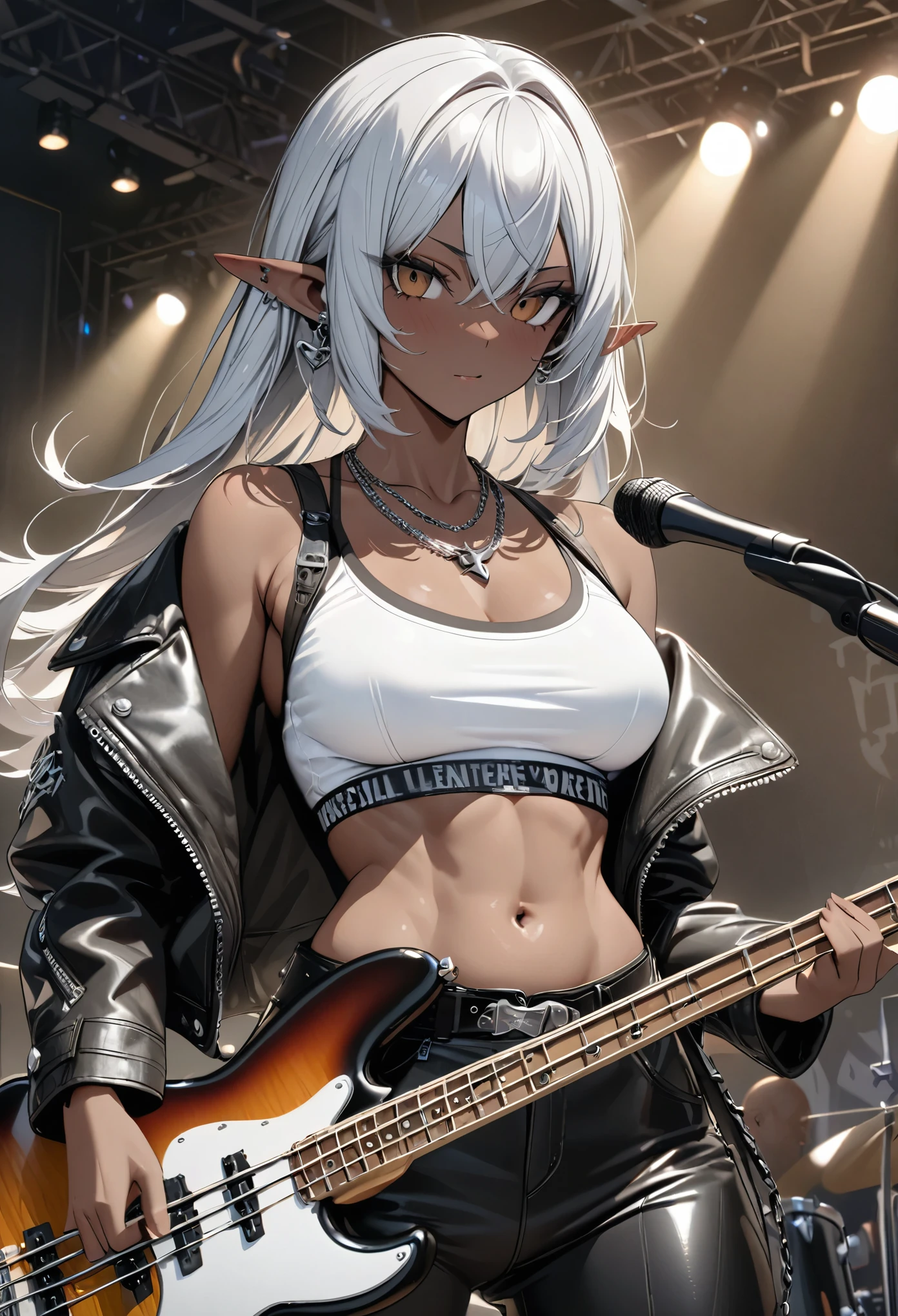 ((masterpiece:1.3)), accurate, textured skin, (dark skinned:2), brown Skin, high details, high quality, high resolution, super detail, 1080P, detailed face, detailed eyes, detailed 5 fingers, elf, Pointy ears, silver hair, medium hair, (Leather jacket, leather pants), white undershirt, Belly button, Thick belt, Metal band members, Slim waist, firm waist, Six pack, toned abs, Chrome Hearts Necklace, Live venue, bassist, bass guitar, Fender