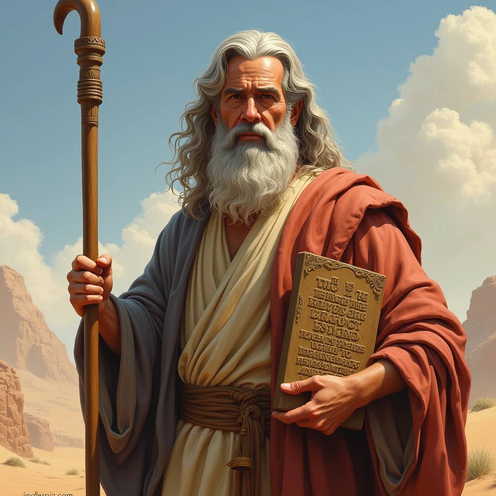 Moses is portrayed as a middle-aged to elderly man, with a long beard and gray hair. He wears a simple tunic and cloak, with a staff in one hand. In one of the most iconic representations, he holds the Tablets of the Law with the Ten Commandments engraved on them. The setting may include Mount Sinai and a desert environment, symbolizing his leadership during the crossing of the desert.