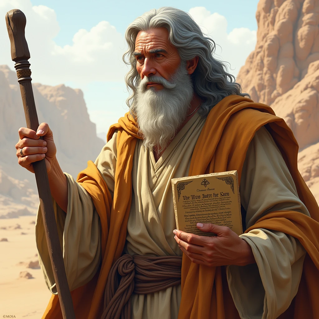 Moses is portrayed as a middle-aged to elderly man, with a long beard and gray hair. He wears a simple tunic and cloak, with a staff in one hand. In one of the most iconic representations, he holds the Tablets of the Law with the Ten Commandments engraved on them. The setting may include Mount Sinai and a desert environment, symbolizing his leadership during the crossing of the desert.