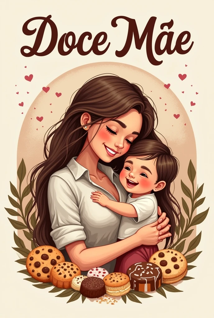 Logo for a candy store a young mother with long hair with a baby boy on her lap in a cookie shop and with the name of the store written at the top in Portuguese Doce Mãe in large