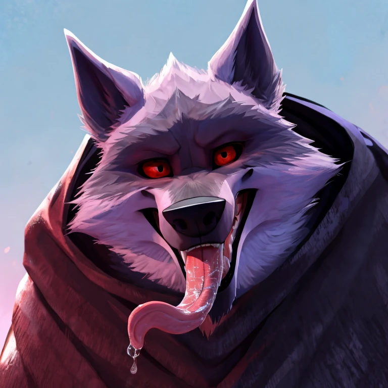 Death (Puss in Boots: The Last Wish), DreamWorks Animation, 2D, Looking at viewer, Holding Tongue with Paw, Open Mouth, Tongue Out, Long Tongue, Wide-Eyed, Wolf Ears, Anatomically Correct, Seductive Smile, Saliva Trail, Raised Eyebrow, Oral Invitation, Simple background, Character Design, Illustration, High Resolution, Super Detailed, Textured Skin, Eye Level Shot, Single Shot, Medium Close Up