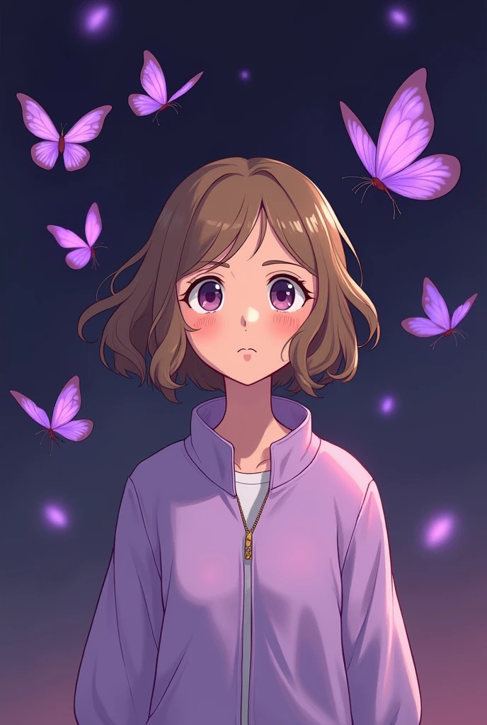 Create a female Ghibli-style character with short, light brown wavy hair , with pastel purple jacket, dark purple background with lighter and brighter purple butterflies.