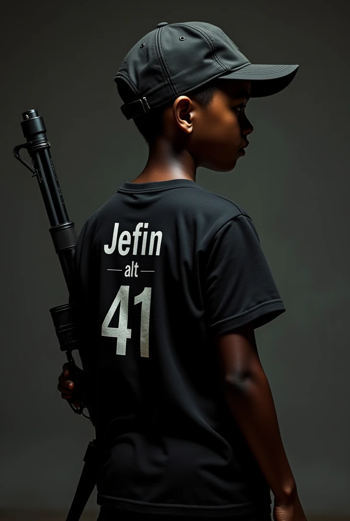 Dark-skinned boy from behind with a black t-shirt saying Jefin alt 41 with a flat-brimmed cap with a rifle