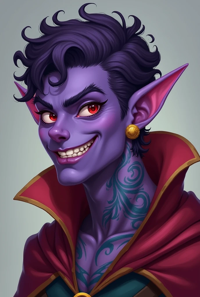 Dnd tiefling with purple skin. He has short, curly, dark purple hair. His eyes are red and he has a smirk on his face. He is wearing a colorful cape and has golden earrings. His neck is covered in blue and green tattoos.