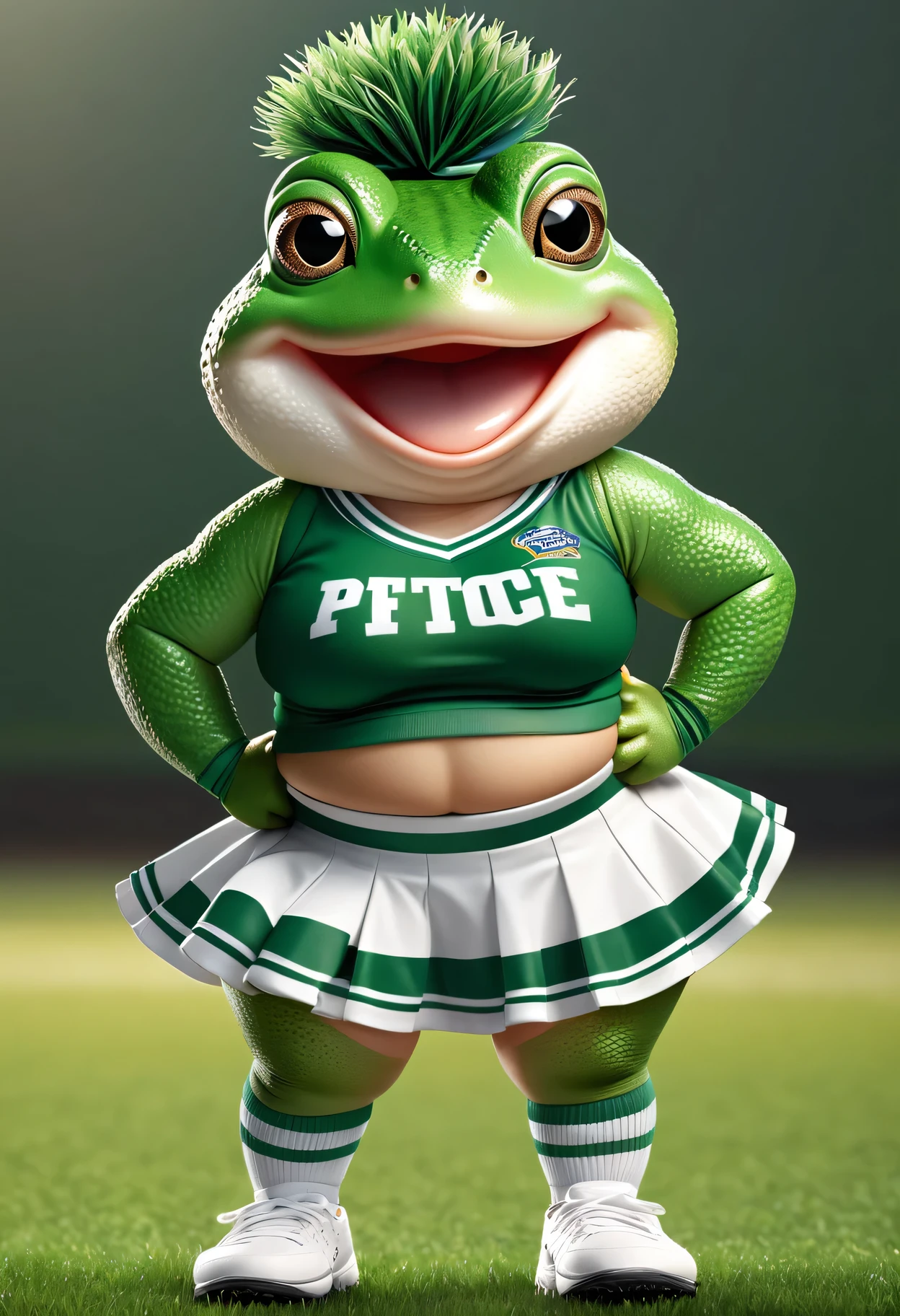 photorealistic portrait of Dressed animals - a ((fat)) cute green (toad) cheerleader,(full body image from head to toe:2.0), (hands on hips:2.0),(standing), (happy smile:1.2),high quality,(lovely) , highly detailed cute top with team logo ,intricate detailed short pleated skirt, highly detailed ((cheerleader's costume)) ,(highly detailed sox and sneakers),(natural toad skin), (happy), natural lighting,, grass sports field background,