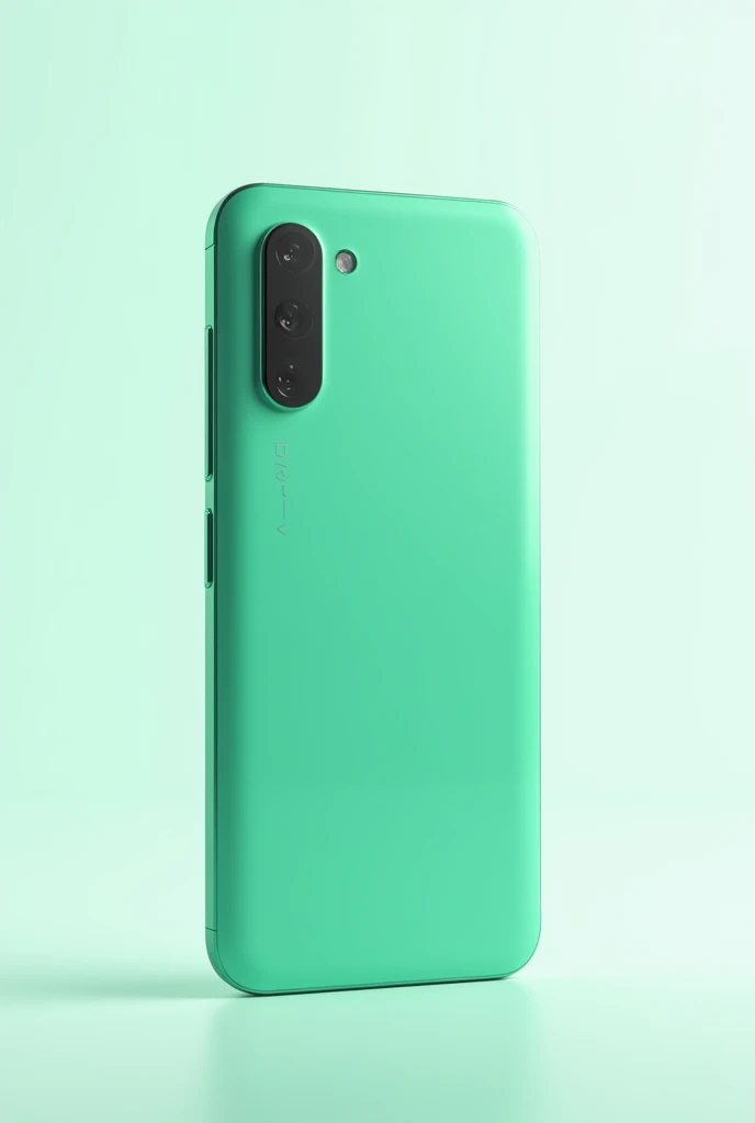 A green cellphone with a vertical camera, standing upright in a vertical position against a plain white background.