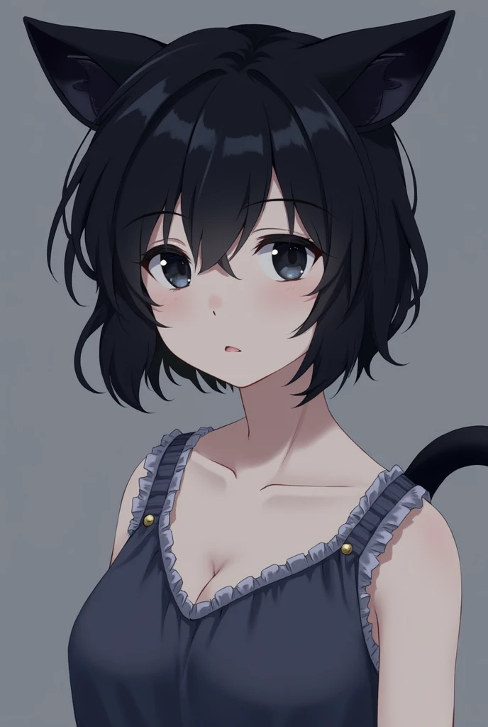 1 girl, Alone, Focus only, wandering \(wandering!\), ((Urasawa_naoki style)), 18 years, short hair, black fur, black eyes, medium breasts, short tail on one side up, (((nightgown))), Closeup of face, facial focus, front focus, Front view, Upper part of the body,
