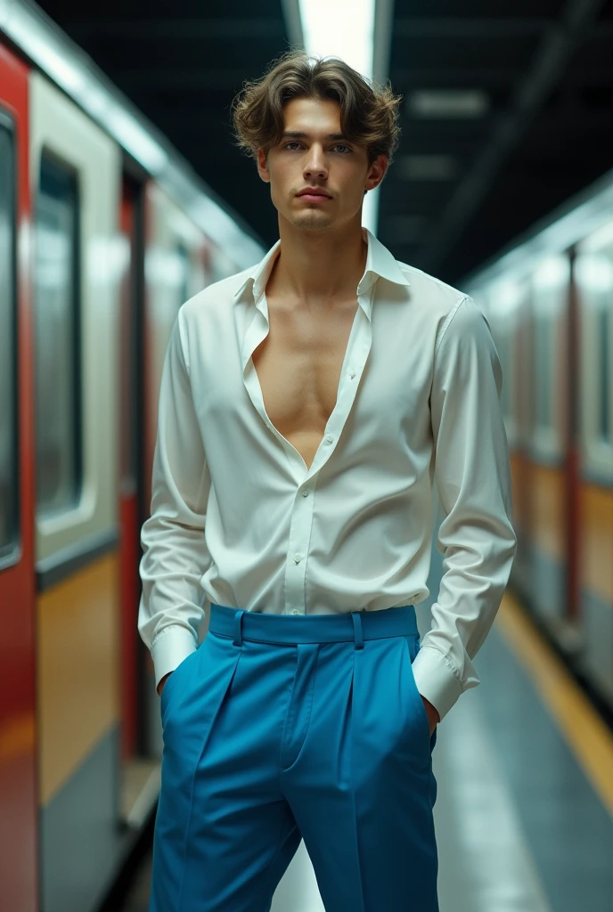 a young handsome 23 year old male model posing in a modern metro station, vibrant blue pants, semi-sheer white silk shirt, fashion style, train in the background, (best quality,4k,8k,highres,masterpiece:1.2),ultra-detailed,(realistic,photorealistic,photo-realistic:1.37), highly detailed portrait, dramatic lighting, cinematic composition, hyper realistic, moody atmosphere, warm color tones, kodak film, camera nikon Zfc, Sigma art 18mm. hyperrealism