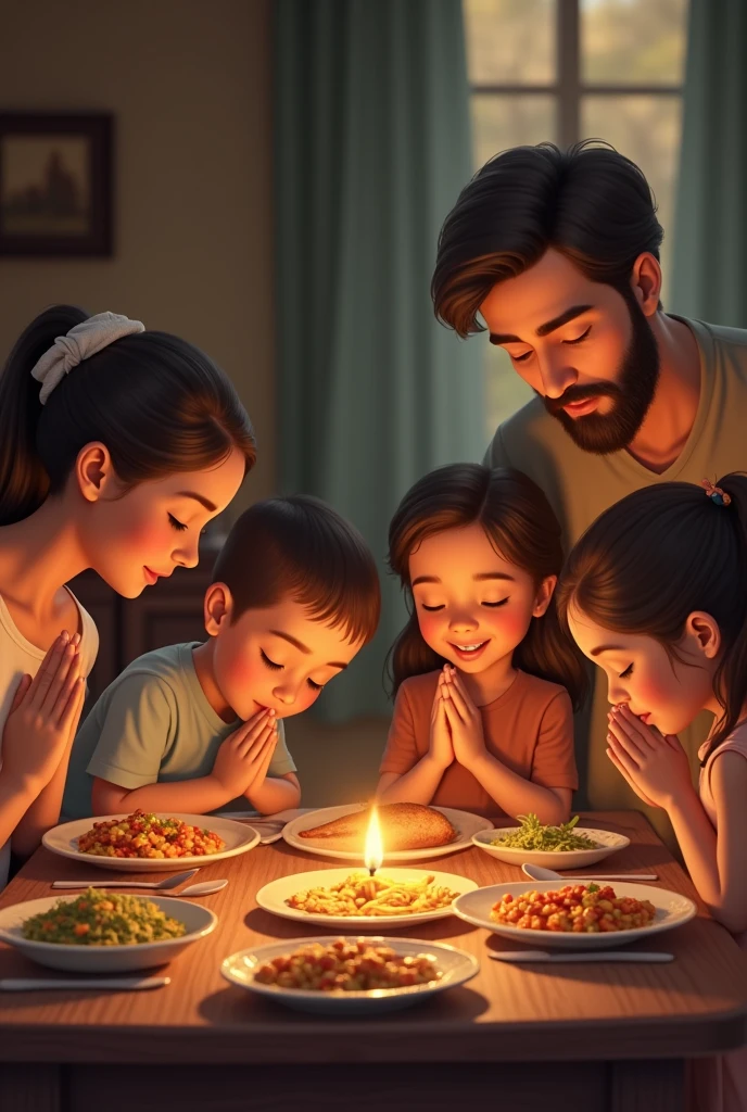 A family around a table full of food praying
