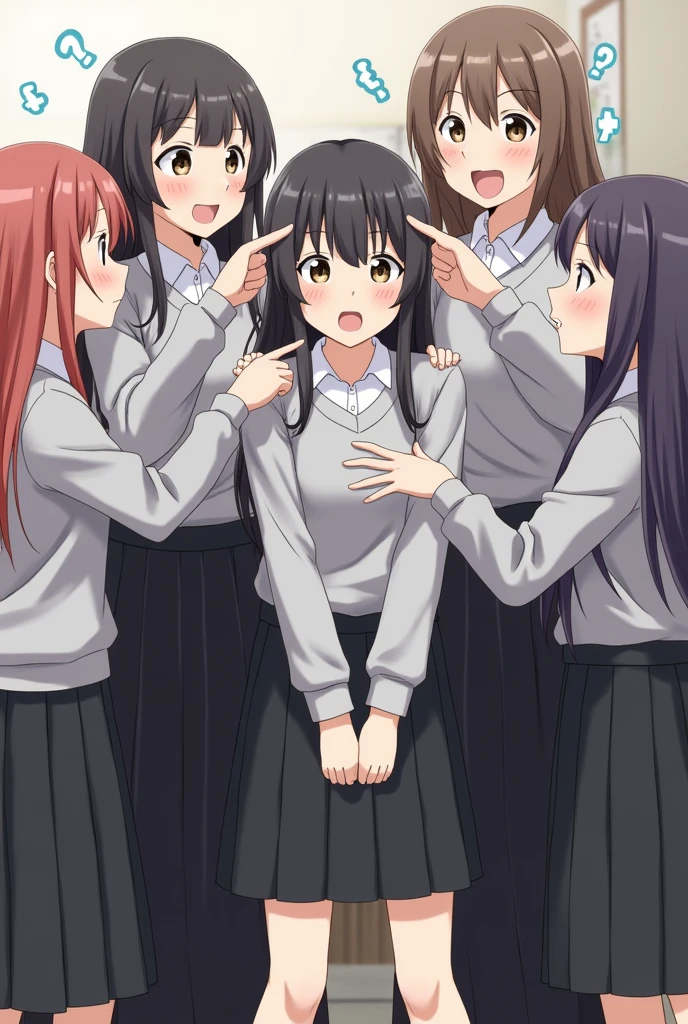 Group of girls with grey sweaters , Long black skirts and long hair poking into a boy&#39;s head in anime