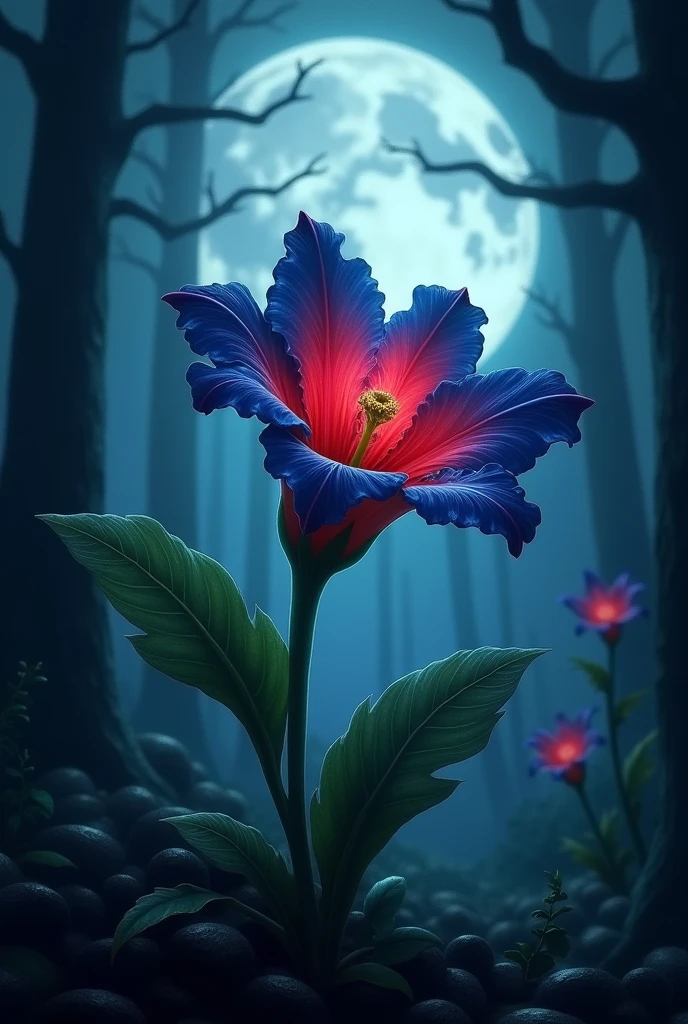 A red and blue flower, moonlit, well highlighted in a dark and gloomy forest, ghosts roam in the background
