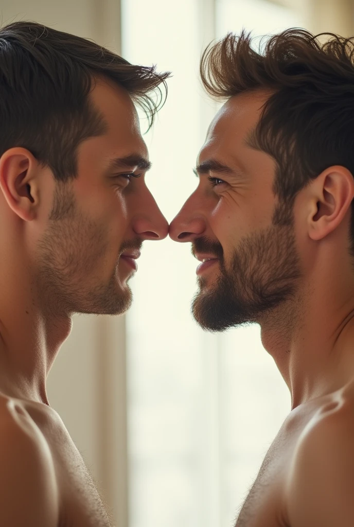 Make two men with very small and thin penises facing each other with their penises showing.