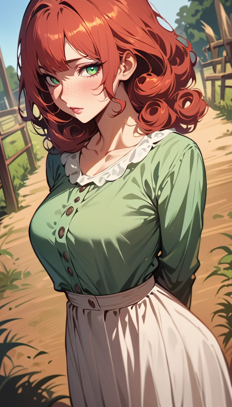 (high quality, 8k, 4K, high contrast, artwork:1.2, high quality, best aesthetics), (centered), ((1 woman)), erotic, sensual, mature body, grown woman, super detailed, beautiful face detailed, beautiful eyes detailed, detailed beautiful mouth, (long curly red hair), (green eyes), (freckles on cheeks), (black eyeliner), (pink eyeshadow), (blushing), (relaxed expression), (facing the camera), (penetrating gaze), (standing), (straight body posture), (hands behind the back), (angle from the front of the woman), (front view), (casual country clothes), (in the middle of a farm)