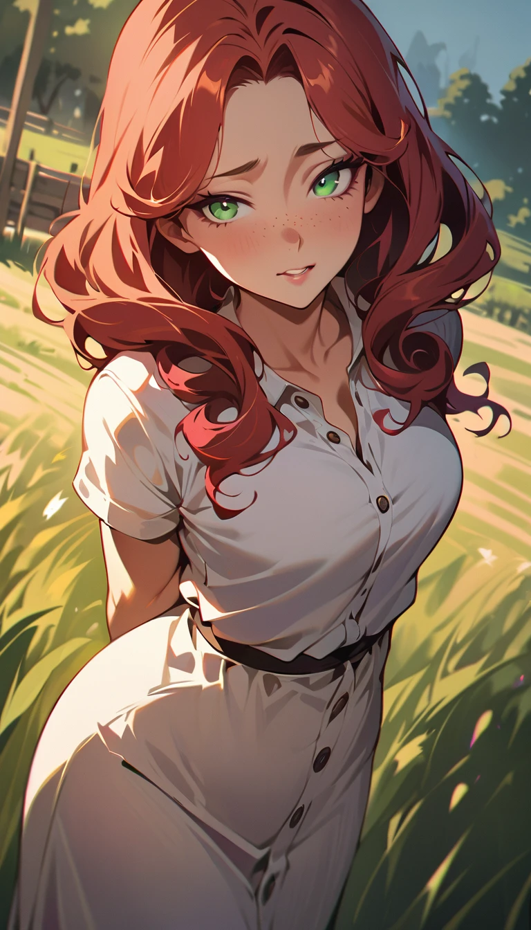 (high quality, 8k, 4K, high contrast, artwork:1.2, high quality, best aesthetics), (centered), ((1 woman)), erotic, sensual, mature body, grown woman, super detailed, beautiful face detailed, beautiful eyes detailed, detailed beautiful mouth, (long curly red hair), (green eyes), (freckles on cheeks), (black eyeliner), (pink eyeshadow), (blushing), (relaxed expression), (facing the camera), (penetrating gaze), (standing), (straight body posture), (hands behind the back), (angle from the front of the woman), (front view), (casual country clothes), (in the middle of a farm)