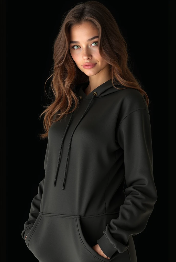 （（（Perfect figure，figure，solo， White and tender skin，（（（hoodie，wearing a hoodie））），（（（with_Terumi,long hair, brown hair, green eyes, hair over one eye, Red brown crossed long curly hair, right eye covered by hair, pink lips））），((masterpiece)),high resolution, ((Best quality at best))，masterpiece，quality，Best quality，（（（ Exquisite facial features，Looking at the audience,There is light in the eyes，(（（Smile，confidence)））)，））），型figure:1.7））），（（（Light and shadow，Huge breasts））），（（（Looking at the camera，black background，）））