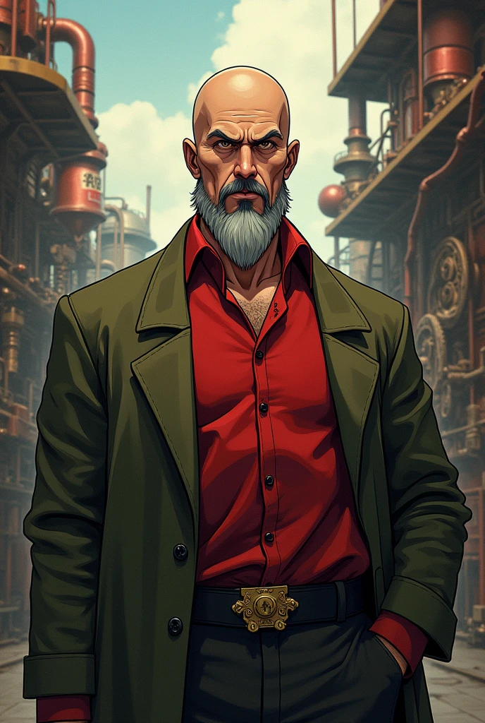 Um homem de meia idade, Cao Cao, stark, baldie, red shirt, green coat. Steampunk anime style name