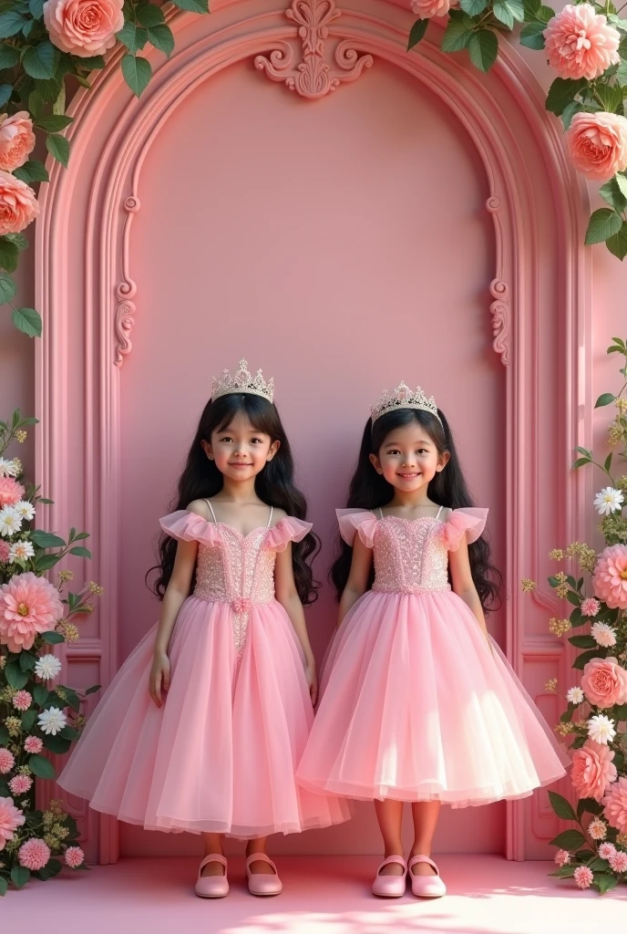 real pinay 2 girls with gown princess pink with shoes pink standing background princess pink with flowers walll character princess