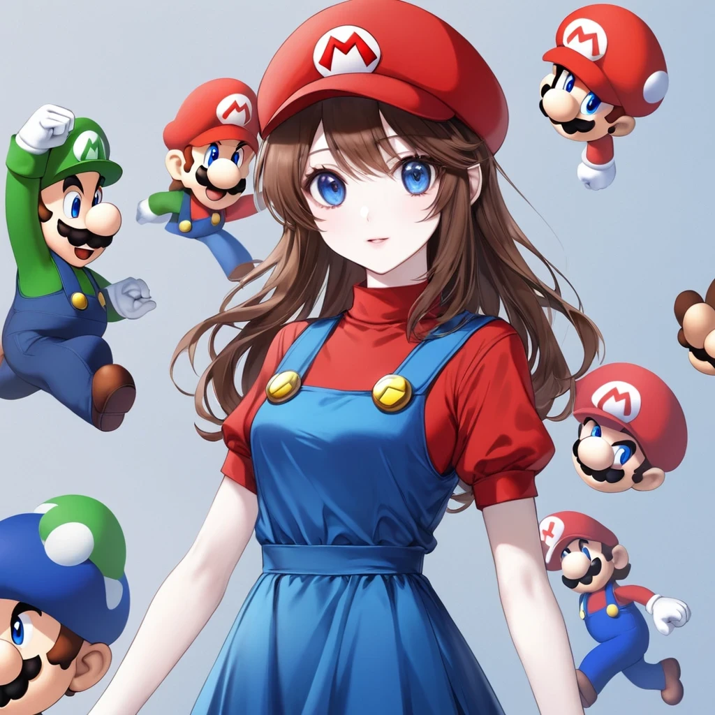 Anime girl female version of Mario Bros, Pale skin, Brown hair, blue eyes and Mario Bros outfit in female version with Mario Bros cap.