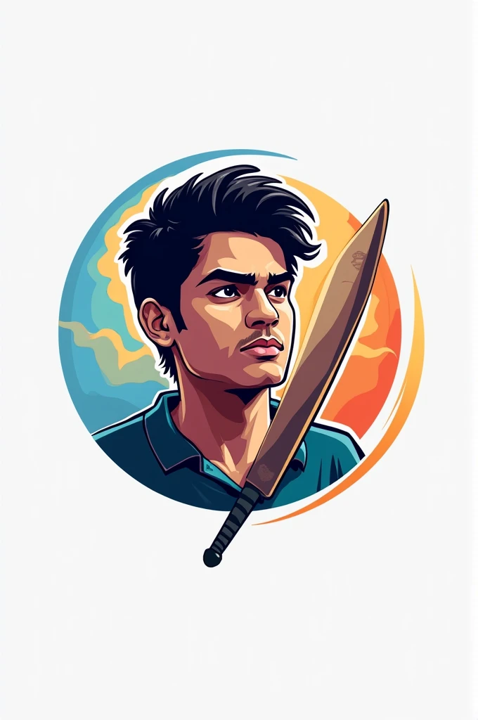 Create a cricket youtube channel logo with a boy . His name is Indrajeet Yadav, and use half picture of boy and boy with bat