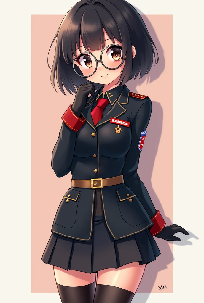 anime girl, short black hair with bangs, big tights, small waist, with glasses, wearing a soviet uniform