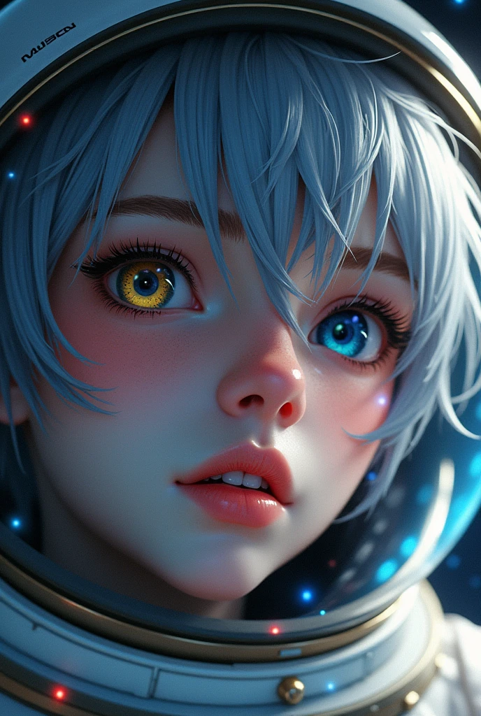 (Close-up of a better masterpiece:1.5)0.9], (Space and astronauts:1.2) (Messy silver hair:1.1) (Heterochromia xanthochromia and blue eyes:1.2) (Space Helmet:1.0) (Colored stars in the eyes:1.0) (A radiant glow:1.1) (thick lips:0.9)