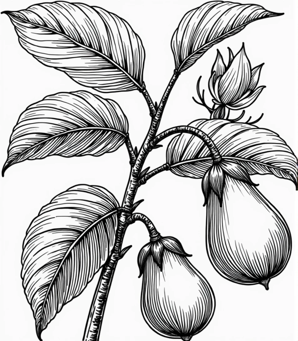 detailed, black and white botanical illustration of an eggplant plant. The image should prominently feature the plant's large leaves, a clearly defined flower, and two eggplants. The style should resemble a vintage botanical drawing with light line work and minimal black shading, focusing on capturing the delicate details of the flower and the natural elements without heavy shadows