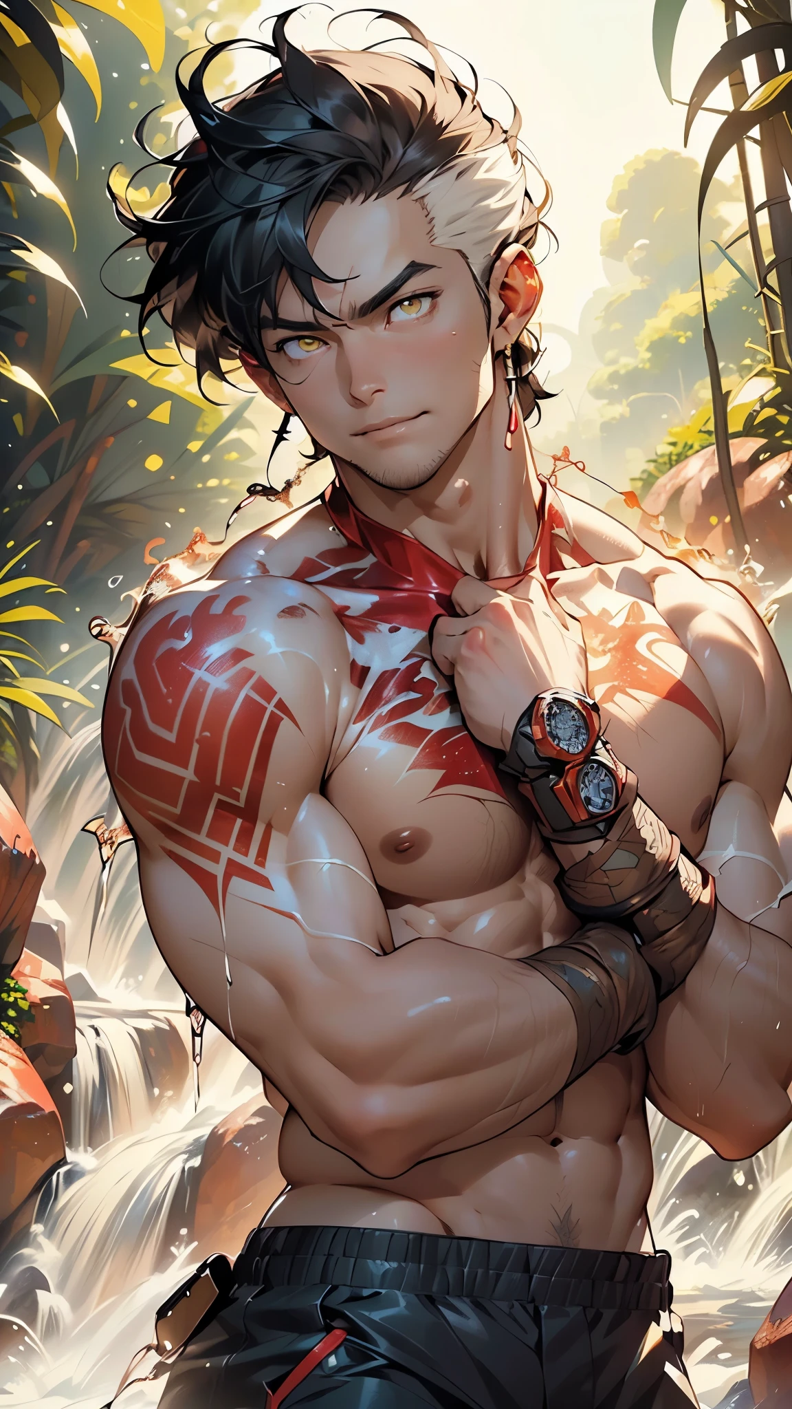 flame man,muscular man,(((1man))),((man muscular)),
(((1male,man:1.5,handsome man,male,male gender:1.5,male focus))),macho man,
((short white hair)),(((lustrous skin:1.5,tanned skin,bright skin: 1.5,skin tanned,shiny skin,very shiny skin,shiny body,illuminated skin))),(((yellow_eyes:1.2))),intricate eyes,beautiful detailed eyes,symmetrical eyes,((exaggerated muscles,exaggerated shoulders,very muscular and huge)),man chest,handsome face,((((muscular,hairy body,muscular man,tall,big biceps,abs,big thighs,broad shoulders,open chest)))),(((detailed face))),(((square jaw))),
alluring look,nsfw,
(((bare chest,shirtless))),motorcyclist pants,((bulge in pants)),((motorcyclist outfit)),(wearing a motorcyclist outfit:1.3,motorcyclist clothes),(((fire body, liquid lava, boy,with lava body, prismatic fire, lava details, liquid lava covering her body, sun goddess, fire, tattoos, (powerful aura), Flame elements, Incarnation of the Flame, Humanoid Flame, the body is on fire (flames in the body: 1.4)))),
(dynamic pose:1.0),solo focus,((evil smile,evil look)),(centered,scale to fit dimensions,Rule of thirds),
((red and white background of a waterfall, red lava rivers, bright red lava flows, bloody river in hell, narrow red lava rivers, red fluid, bottom of a lava river, bright red veins, turbulent blood lake, flowing lava, rivers of lava, streams of bright hot lava, rivers of blood)),scenery:1.25,((intricate scenery)),
(Glossy fire ornaments),highres,sharp focus,(ultra detailed,extremely detailed),(photorealistic artwork:1.37),(extremely detailed CG unity 8k wallpaper),(((vibrant colors,vibrant theme))),(intricate),(masterpiece),(best quality),artistic photography,(photography taken by sldr),(intricate background),perfect rendered face,perfect face details,realistic face,photo realistic,((intricate detail)),(((realism))),