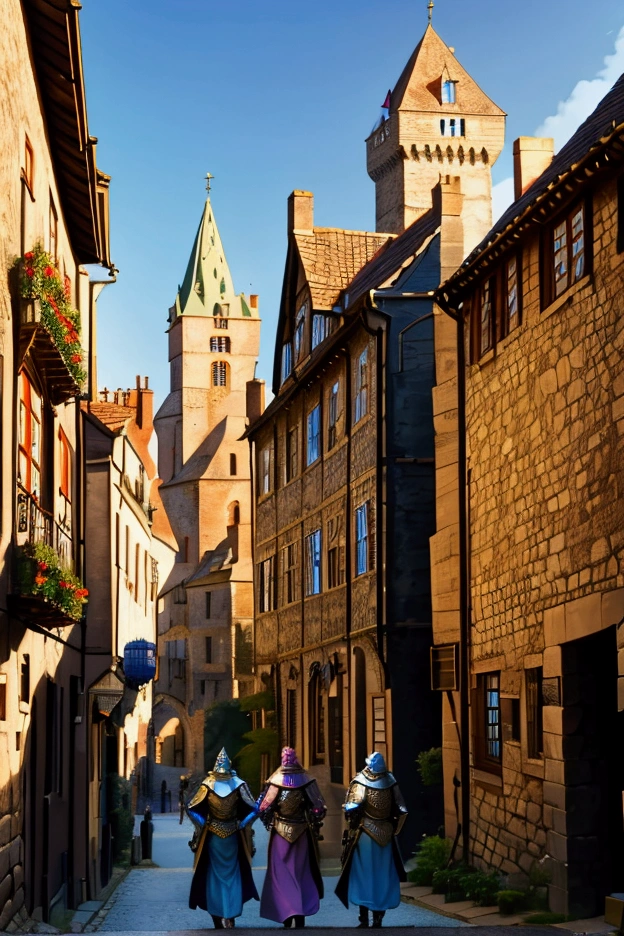 Group of women with colorful hair and elaborate medieval paladin costumes and armor, Persistence, Medieval town with castle in the background