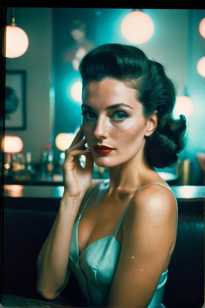 Cel Shaded Art from 1950s Photograph BREAK Beautiful Woman, freckles, grey-eyed, gray bun hair, Inside a 1950s Cocktail Lounge: diffused lights, clinking glasses, jazz music an electrical storm, at midnight, Backlit PAUSE (old polaroid photo:1.3), stunning beauty, skin detailed, texture skin, skin pore, (freckles:0.25). Polaroid SX-70, pastel colours, Wes Anderson film, nebulous, vintage, analog style, 1950's, Nan Goldin style, style of Oleg Oprisco 2D, plain color, cartoon shading, the shaded style