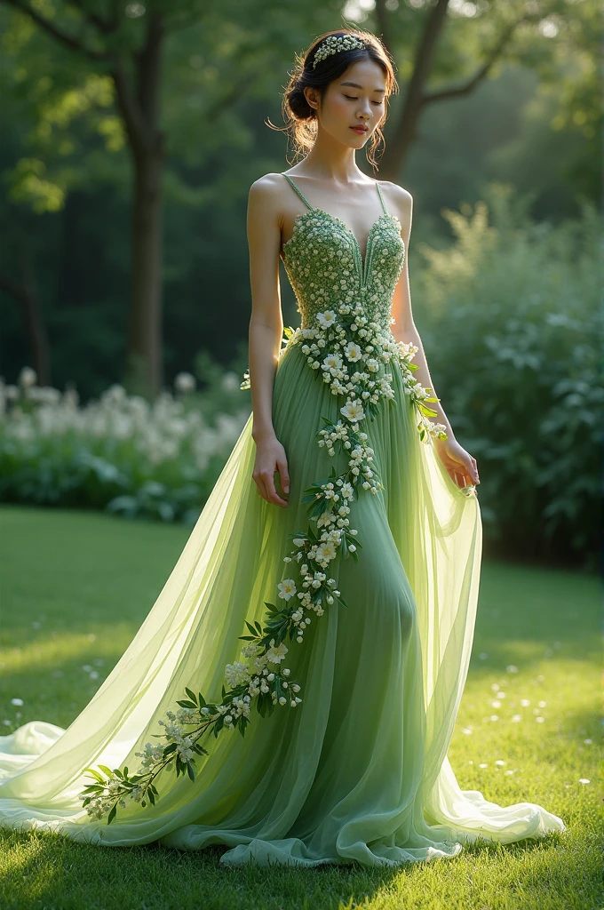 A gown made with Sakura leaves muxed with lily of the valley flower
