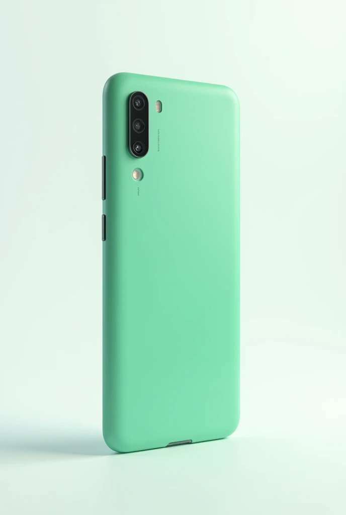 A green cellphone with a vertical camera, standing upright in a vertical position against a plain white background.