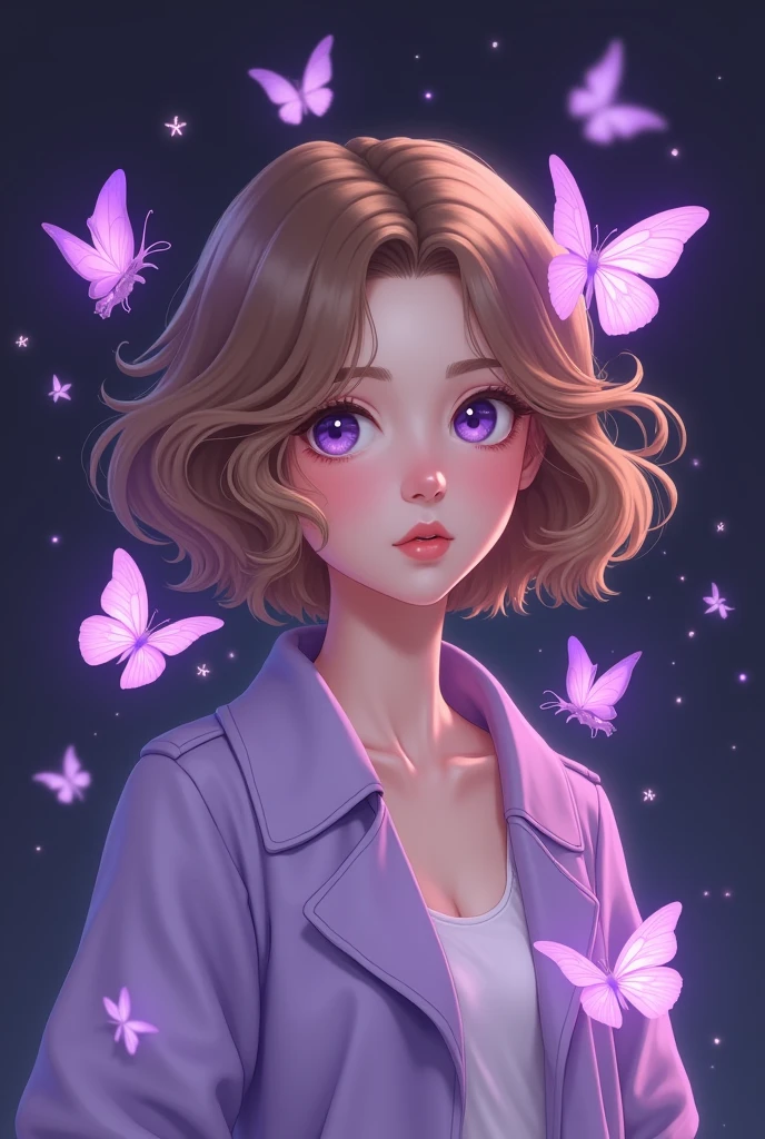 Create a female character with short light brown wavy hair , with pastel purple jacket, dark purple background with lighter and brighter purple butterflies.