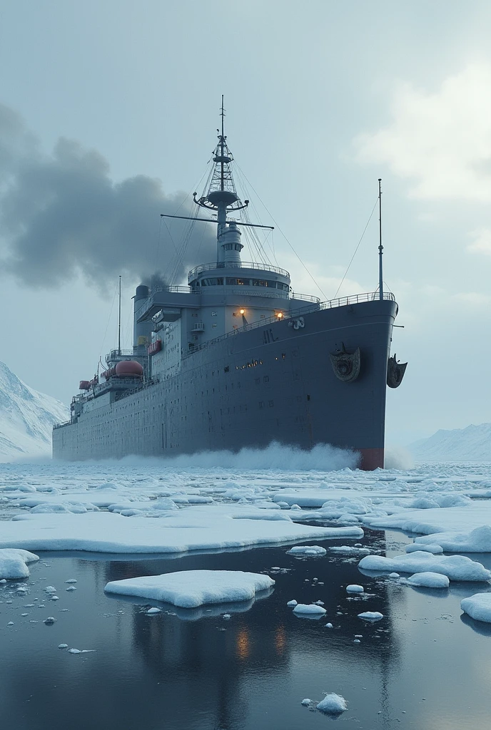 Icebreaker steamship with nuclear bomb in the arctic