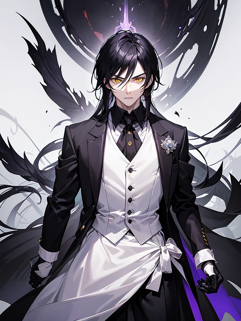 a serious and menacing 20-year-old man with pale skin, long, straight black hair reaching his shoulders, bright yellow eyes, wearing a white dress shirt and a detailed black vest, he wears gloves, the background of the image has a purple glow.