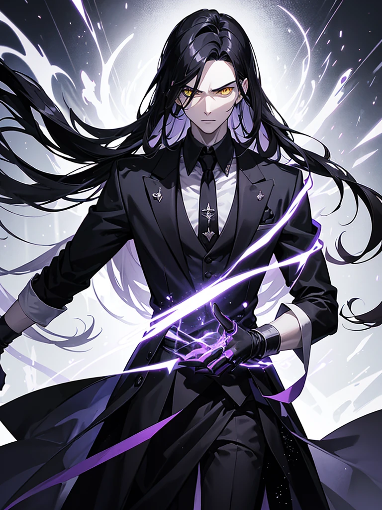 a serious and menacing 20-year-old man with pale skin, long, straight black hair reaching his shoulders, bright yellow eyes, wearing a white dress shirt and a detailed black vest, he wears gloves, the background of the image has a purple glow.