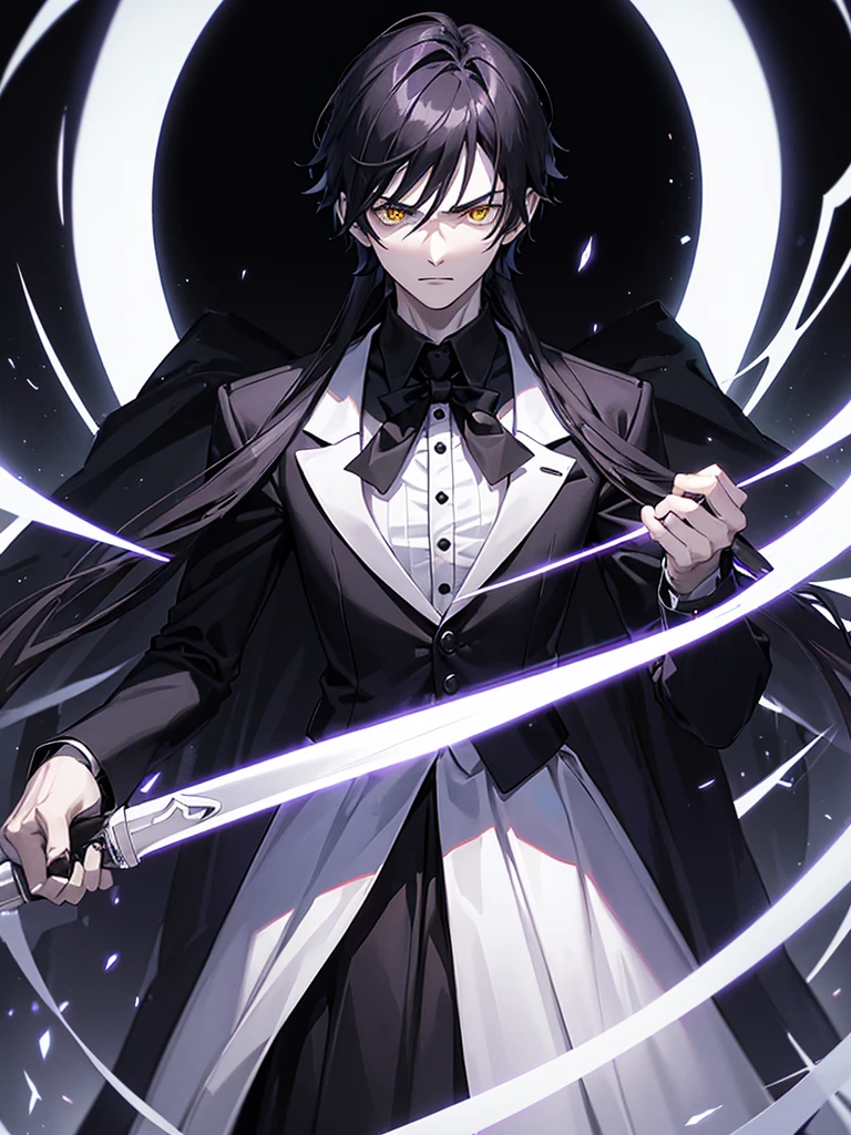 a serious and menacing 20-year-old man with pale skin, long, straight black hair reaching his shoulders, bright yellow eyes, wearing a white dress shirt and a detailed black vest, he wears gloves, the background of the image has a purple glow.