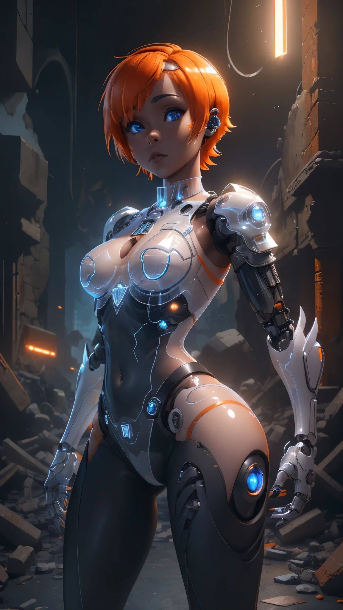 (The best quality,A high resolution,Ultra - detailed,actual),Ariana Grande in a short skirt and a top,( leeloo outfit:1.4) ,(short orange hair :1.4),(dark ebony skin:1.4),(Ruined dungeon ruins background:1.4 ), LEELOO, (realistic anime 3 d style:1.4) , photorealistic anime girl render, Anime styled 3d, 3 d anime realistic, 3 d character art, 3d anime girl, 8K high quality detailed art, Anime style. 8k, Artgerm ; 3d unreal engine, ,(Ruined dungeon ruins background:1.4 ),( Perfect anatomy :1.4),( cowboy pose :1.4), (short orange cyborg plastic transparent :1.4), (top white cyborg plastic transparent :1.4),( cinematic lighting :1.4), (Ariana Grande :1.4), (Ariana Grande :V2.5), More detailed 8K.unreal engine:1.4,UHD,La Best Quality:1.4, photorealistic:1.4, skin texture:1.4, masterpiece:1.8,first work, Best Quality,object object], (detailed face features:1.3),(The correct proportions),(Beautiful blue eyes),  (cowboy pose), (dark ebony skin:1.4), (cyborg mecánica white plastic transparent :1.4), (cyborg :1.4) 