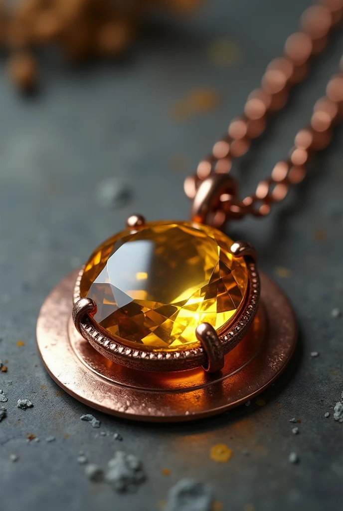 October Birthstone、10 carat transparent yellow topaz－Necklace、It is placed on a copper plate、The background is gray, Surrealism, Verism, Fujicolor, cinematic lighting, UHD, accurate, super detail, masterpiece, high details, super detail, high quality, best quality, highres