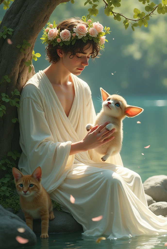 A  man god with pretty wavy short hair with flower crown with long white dress pink cheeks rosy lips and blue green eyes with brunette hair talking to animals crying in the river short hair