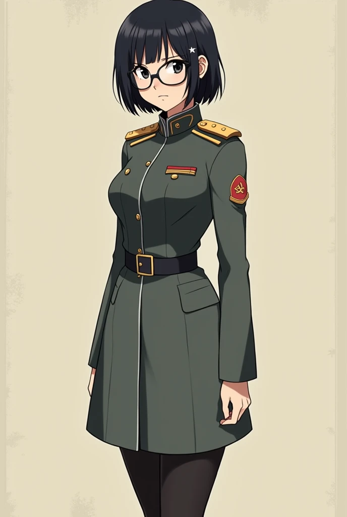 anime girl, short black hair with bangs, big tights, small waist, with glasses, wearing a soviet uniform