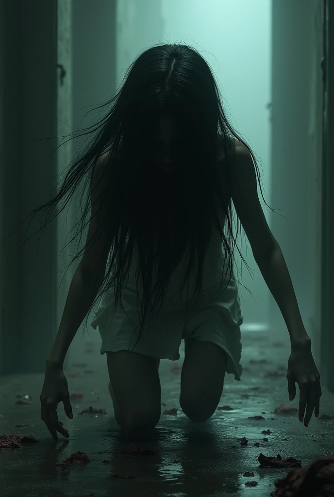 Scary girl with long hairs moves weird and jerky in a dog position keepe coming 