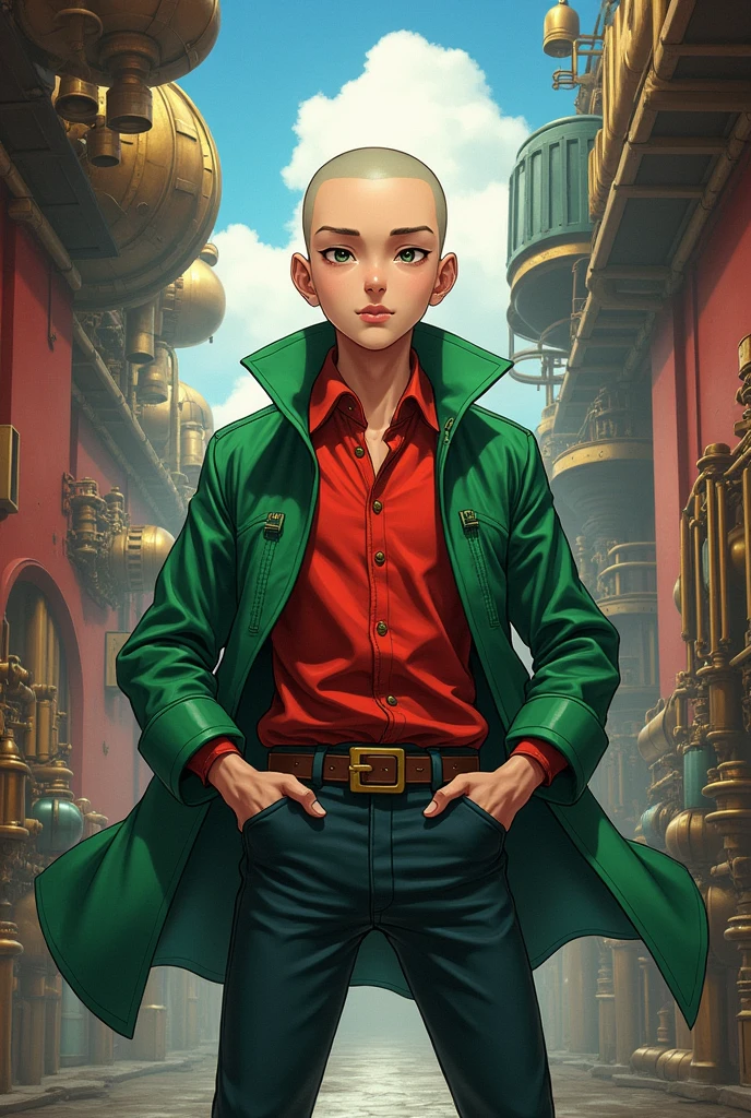 A young man, Cao Cao, stark, baldie, red shirt, green coat. In steampunk anime style