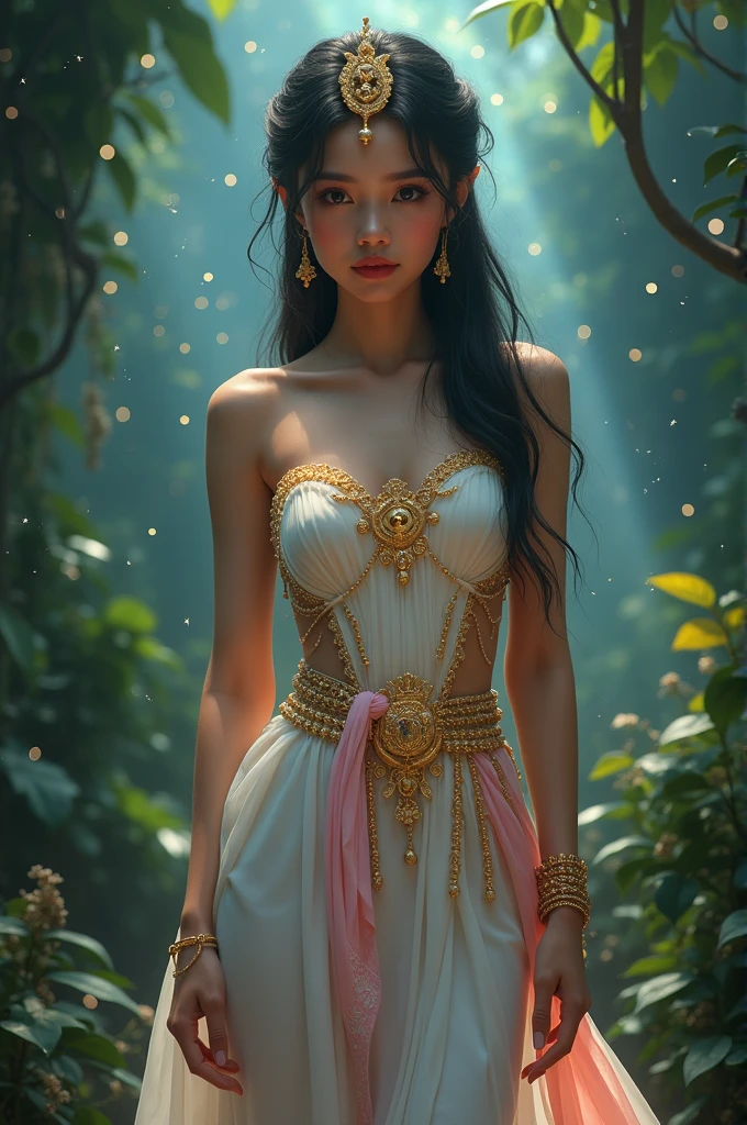 full lenght hiper 4k Think of it as a movie poster. In the Wind of Flowers. Full-length standing shot of a beautiful, sweet, and gentle 20-year-old woman with big eyes, pink lips and cheeks, looking straight ahead, wearing a white and gold sparkling strapless Thai dress, a white and gold sarong, a pink silk scarf around her arm, long black hair, loosely tied, wearing a small golden crown of Naga. Light from the stars, a realistic and beautiful scene of a mysterious jungle, sparkling light. 3D image, oil painting, sharp image.