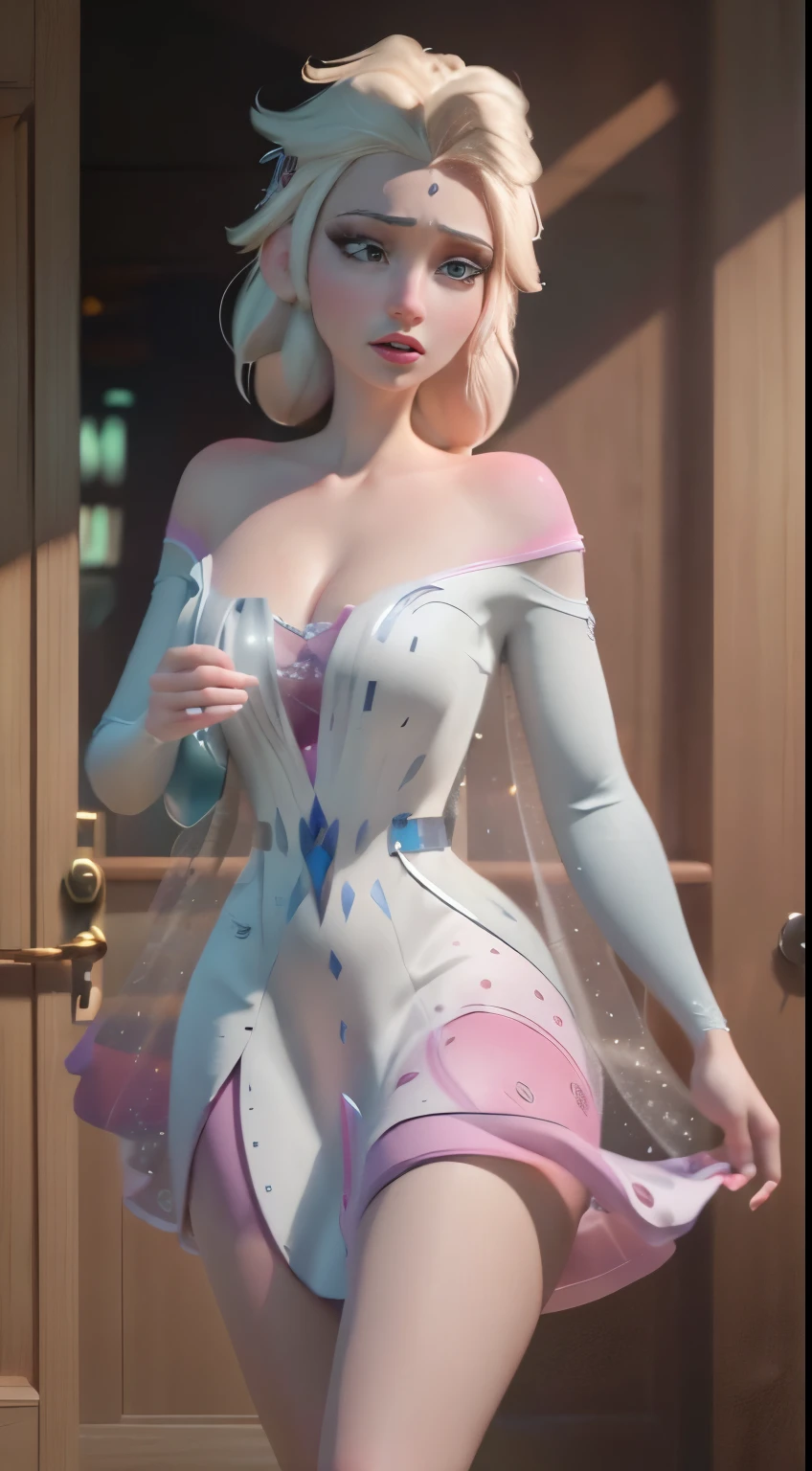 (elsa frozen Disney.) (of white and pink hair) Highly detailed CG unity 8k wallpaper, style shot, complex, High detail, dramatic, Highest quality film still image, Very detailed, masterpiece, Best Quality, character design, elsa, elsa from frozen,optimus prime fusion (( dark style)), realistic and ultra detailed rendering style, natural light, sharp character design, (hard focus, 8k), (((Natural skin texture))), 8k textures, soft cinematic lighting, adobe light room, dark room, HdR, sophisticated, elegant, rich detail, Sharp focus appearance) )), calming tones, frenzy of details, intricate detail, super detail, low contrast, Soft film Lighting, Muted colors, Exposure Mix, HdR, Desteñir, 35mm, f/1.4, THEY ARE LIKE THIS, f16, 25 sec.