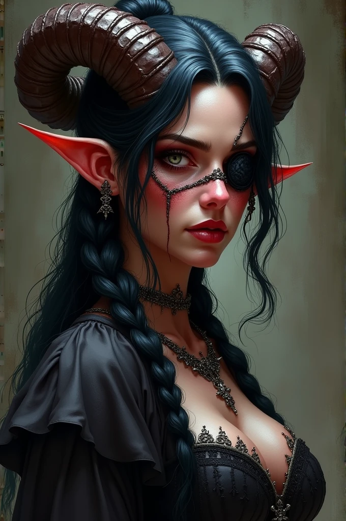 ((Mediovale)), uma mulher Tiefling, reddish skin, ram horns, completely white eyes, eye patch on the left side, scar under the eye patch, scar on the lips on the right side, Bblack hair, hair tied in a bun, scraping both sides, a braid on each side of the bangs.